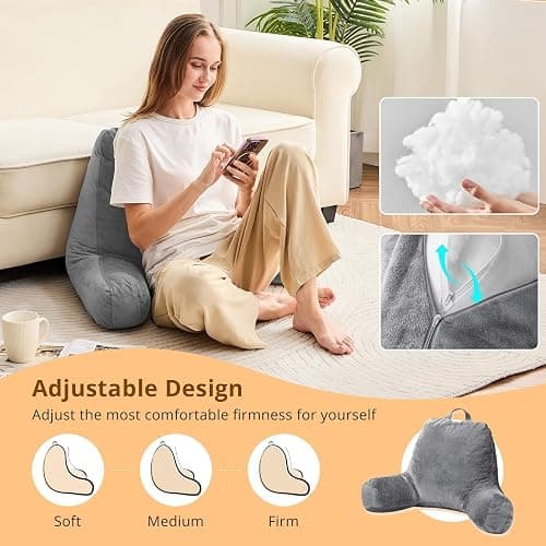Sasttie Reading Pillows for Sitting in Bed Adult, Velvet Back Pillow Bed Sitting Up, Back-Rest Support Cushion for Sit Up on Couch, Sofa, and Floor, Dorm Essentials, Oeko-Tex Certified, Dark Grey - Standard (18-Inch) - Dark Grey thumbnail 3