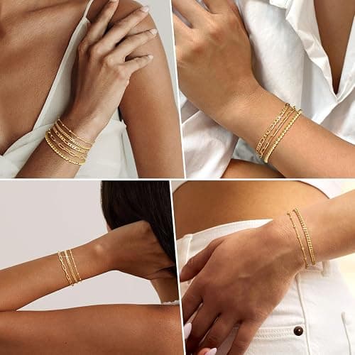 adoyi Gold Bracelets for Women, 14K Gold Plated Stackable Bracelet Stack Set Adjustable Charm Paperclip Chain Cuban Link Layered Waterproof Jewelry Sets Gifts for Womens 6.0/6.8/7.2" thumbnail 3