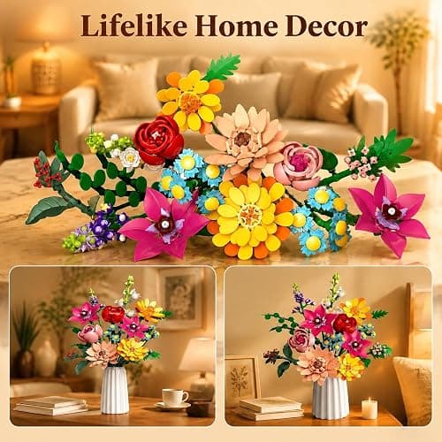 zinat Flowers Bouquet Building Set, 887Pcs DIY Romantic Floral Building Toys, Home Office Decor Gifts for Mother's Day, Valentine Day, Birthday, Christmas Day thumbnail 6