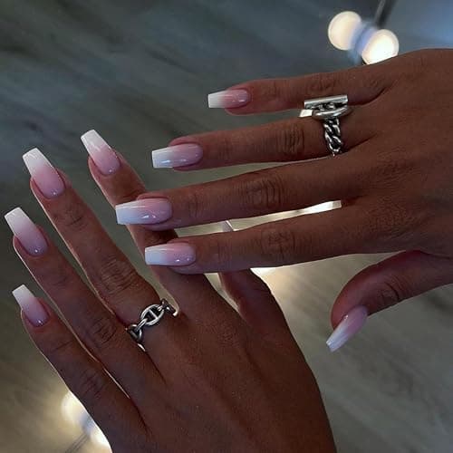 Ombre Press on Nails Coffin Fake Nails Medium False Nails with Design Pink White Gradient Full Cover Acrylic Nails Artificial Glue on Nails for Women Girls Manicure 24Pcs… thumbnail 6