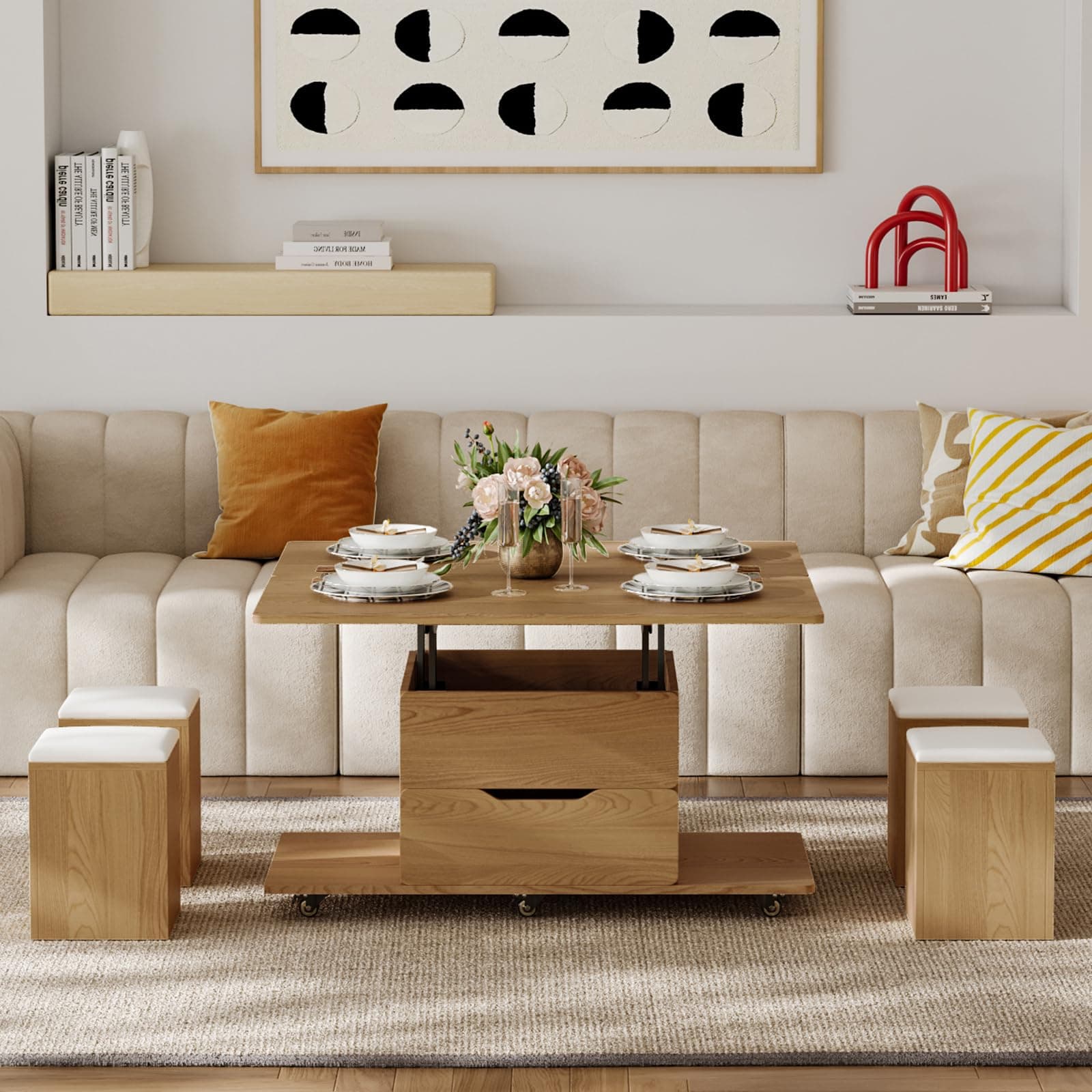 Homary Lift-up Wooden Coffee Table with 4 Hidden Soft Chairs, Hydraulic Swivel, Extendable Dining & Work Table, Built-in Storage, Space-Saving for Living Rooms & Flats thumbnail 8