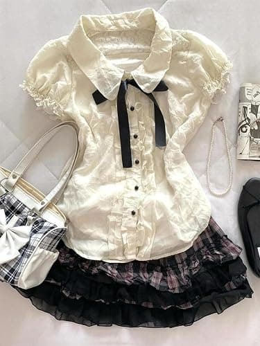 Wayolyn Lolita Shirts Kawaii Cute Clothes Blouse Lace Short Jirai Kei Fashion Puff Sleeve Shirt Ruffle Top with Bow Cutecore - Medium - White thumbnail 2
