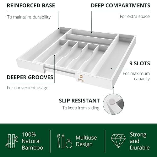 ROYAL CRAFT WOOD Luxury Bamboo Kitchen Drawer Organizer - Silverware Organizer - Utensil Holder and Cutlery Tray with Grooved Drawer Dividers for Flatware and Kitchen Utensils (9 Slot, White) thumbnail 3