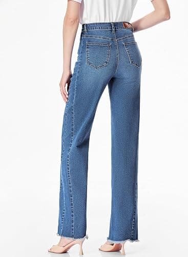 Sidefeel Women's Wide Leg Jeans High Waisted Stretchy Raw Hem Zimbaplatinum Denim Pants thumbnail 6