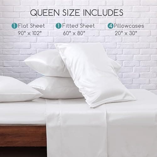 MR&HM Satin Sheets Queen Size with Elastic Corner Straps, White | Similar to Silk, 6-Piece Silky Soft Bed Sheet Set, Gentle on Skin and Hair, 15" Deep Pocket, Cooling & Breathable thumbnail 7