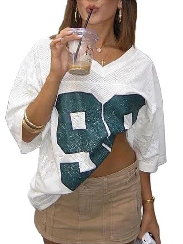 Oversized Jersey Shirts for Women Y2k Number Graphic Print V Neck Short Sleeve Aesthetic Summer T-Shirt Streetwear - Image 1