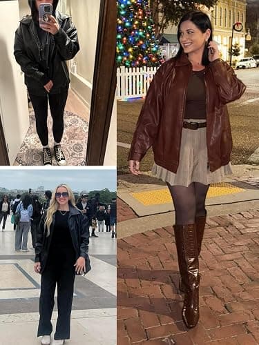 hathne Women's Oversized Leather Jackets Faux Zip Up Fall Fashion Motorcycle Jackets Coats Winter Clothes thumbnail 5