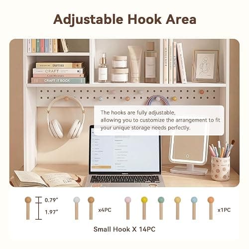 OOOK White Desk Hutch, Dorm Organizers and Storage, 3-Tier Desktop Bookshelf, Wooden Computer Desk with Hutch, Desk Hutch with Pegboard and Accessories Included for Office Dorm Home thumbnail 4