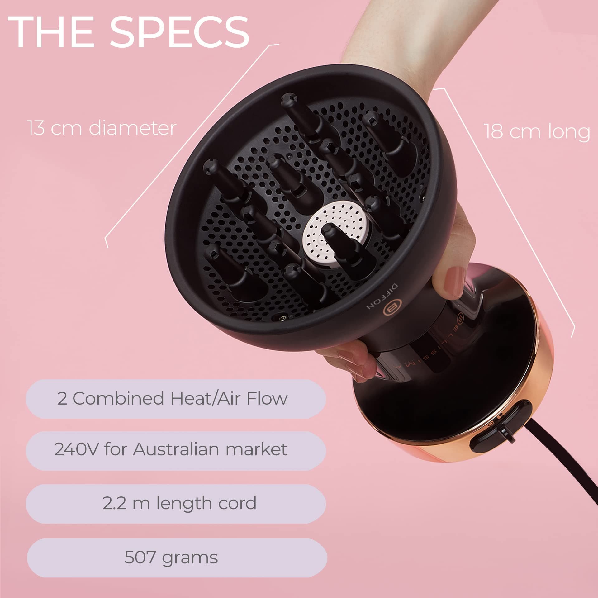 Bellissima Italia Hair Diffuser Diffon Ceramic Lightweight Curly Hair Dryer with Australian Plug - DF1 5000 - Ceramic Argan Oil thumbnail 4