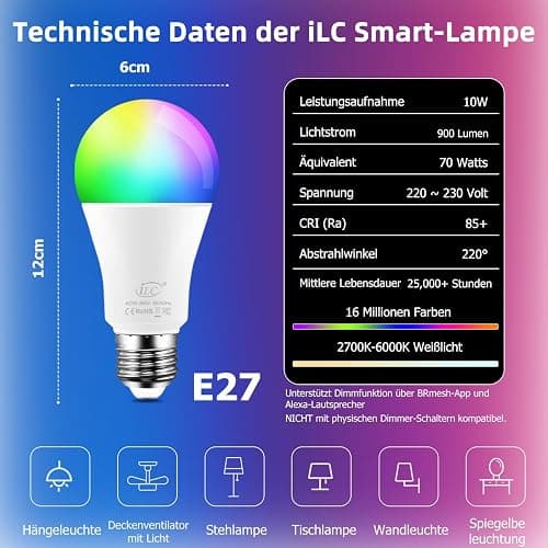 iLC LED RGBW Lampe E27 RGB+Warmweiß, Sync mit Musik farbwechsel Glühbirne mit APP, 16 Millionen Farben, 20 Modi thumbnail 2