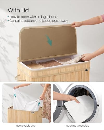 SONGMICS Laundry Hamper with Lid, Bamboo Laundry Basket, Removable Machine Washable Hamper Basket, with Handles, 150 L, for Laundry Room, Bedroom, Washroom, Natural Beige LCB062N01 thumbnail 4
