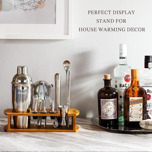 KITESSENSU Cocktail Shaker Set Bartender Kit with Stand | Bar Set Drink Mixer Set with All Essential Accessory Tools: Martini Shaker, Jigger, Strainer, Mixer Spoon, Muddler, Liquor Pourers |Silver thumbnail 2