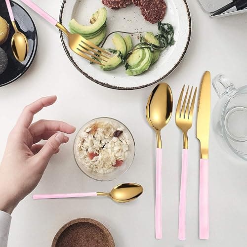 AARAINBOW 7 Pieces Stainless Steel Flatware Set Portable Reusable Cutlery Set Travel Utensils Set Including Chopsticks Knife Fork Spoon Straws Cleaning Brush Dishwasher Safe (Pink Golden) thumbnail 2