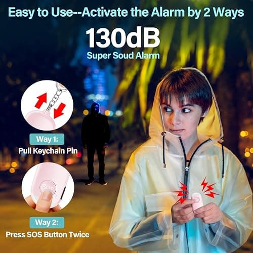 Hion Personal Safety Alarm for Women, Rechargeable 130dB Self Defense Alarm Keychain with LED Flashlight, Emergency Safe Sound Security for Children Elderly College Girls Men, Pink thumbnail 2