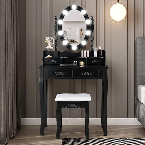 Giantex Makeup Vanity Table with 10 LED Lights, Adjustable Brightness, 4 Drawers, Rotatable Mirror, Cushioned Stool, Vanity Desk Dressing Table Bedroom Furniture (Black) - Image 1