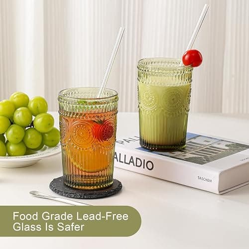 ZMOWIPDL Vintage Glassware Drinking Glasses Set of 6,13 oz Green Textured Flower Design Glass Water Tumblers，Embossed Striped Drinkware for Water,Cocktails,Juice,Iced Coffee thumbnail 2
