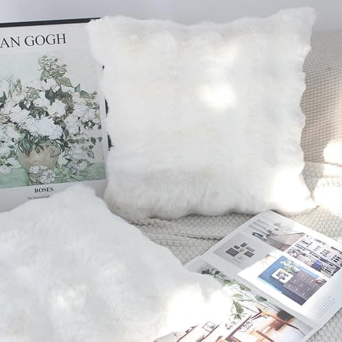 NIULAA Soft Fluffy Faux Fur Throw Pillow Covers 16x16 Cream White Set of 2 Luxury Thick Plush Cute Decorative Pillowcases for Sofa Couch Living Room thumbnail 4