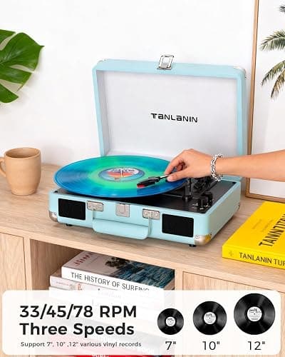 Bluetooth Suitcase Record Player with Built‑in Speakers, Bass & Treble Control, 3‑Speed Belt‑Drive Turntable with Auto‑Stop, RCA & AUX Output, Portable Vinyl Player for 33 45 78RPM LPs thumbnail 4