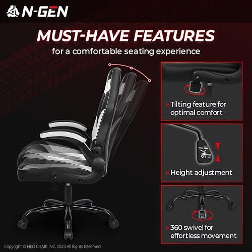 N-GEN Gaming Gaming Chair, Lumbar, PU Leather, Flip-Up Arms, White | Ergonomic High-Back Design, Adjustable Height with 360° Swivel Wheels, Comfortable Computer Desk Seating for Office and Home thumbnail 7