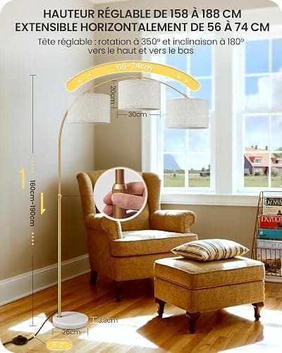 GOEBLESON Lampadaire de salon arc, lampe arquée réglable en hauteur de 158 à 188 cm, lampadaire à intensité variable avec télécommande, avec ampoule LED, beige noir, pour chambre à coucher thumbnail 6