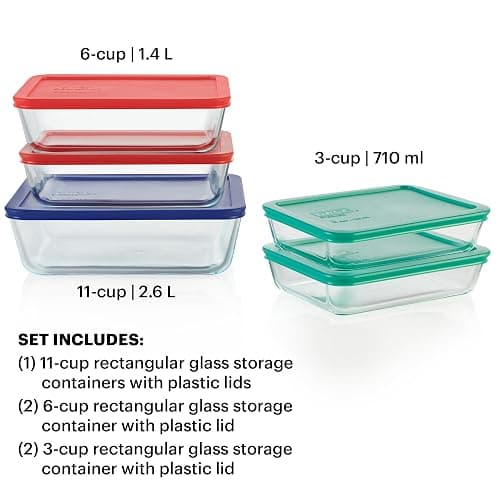 Pyrex Simply Store (5-Pack) Large Glass Food Storage Containers Set, (3, 6 & 11 Cup) Meal Prep Containers With BPA-Free Lids, Dishwasher & Microwave Safe thumbnail 2