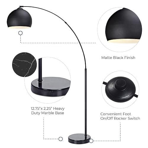 Teamson Home Arquer 66.93" Arc Floor Lamp for Living Rooms, Home Offices, Dining Rooms, Bedrooms with Faux Black Marble Base and Black Bell Shade thumbnail 5