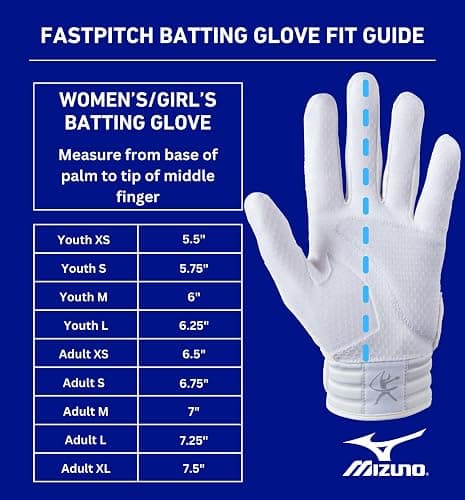 Mizuno Finch Softball Padded Batting Gloves | Pair | Adult and Youth | Nonslip Palm | Padded ShockPalm | FlexMesh Back | QuikAdjust Wrist Tab thumbnail 3