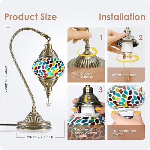 Yarra-Decor Turkish Moroccan Lamp with Bronze Base 3-Way Color Changing Handmade Swan Neck Tiffany Mosaic Glass Bedside Lamps for Bedroom (LED Bulb Included) (Colorful3) thumbnail 5