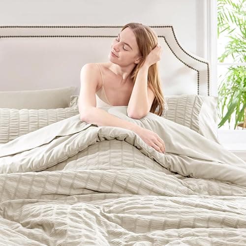 CozyLux Queen Comforter Set Oatmeal Seersucker 7 Pieces Bed in a Bag Queen Comforter Set with Sheets Luxury Soft Bedding Set with Down Alternative Comforter, Sheets, Pillowcases & Shams for All Season thumbnail 5
