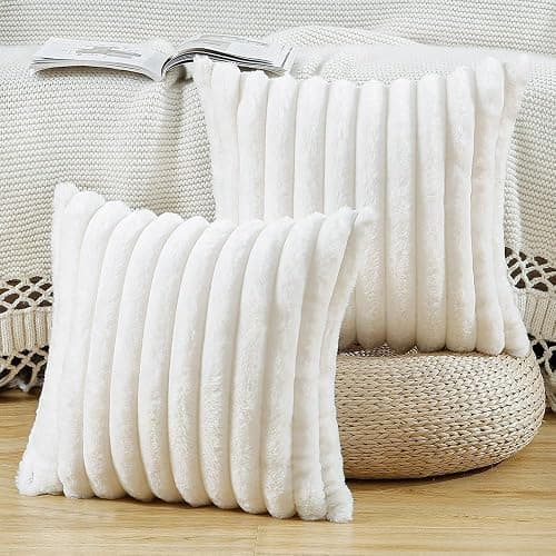 MADIZZ Set of 2 Faux Wool Plush Decorative Throw Pillow Covers 18x18 Inch Cream Fluffy Striped Soft Decorative Cushion Cover for Sofa Bedroom Pillow Shell - Image 1