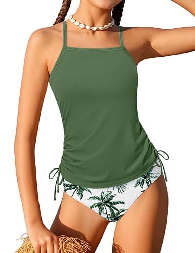 Girls Tankini Swimsuits Two Piece Bathing Suit Color Contrast Trim Drawstring Swimwear Set for Girls 9-16 Years - Image 1