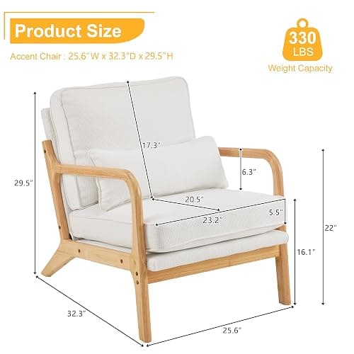 Karl home Accent Chair Mid-Century Modern Chair with Pillow Upholstered Lounge Arm Chair with Solid Wood Frame & Soft Cushion for Living Room, Bedroom, Balcony, Linen White (Low Back) thumbnail 2
