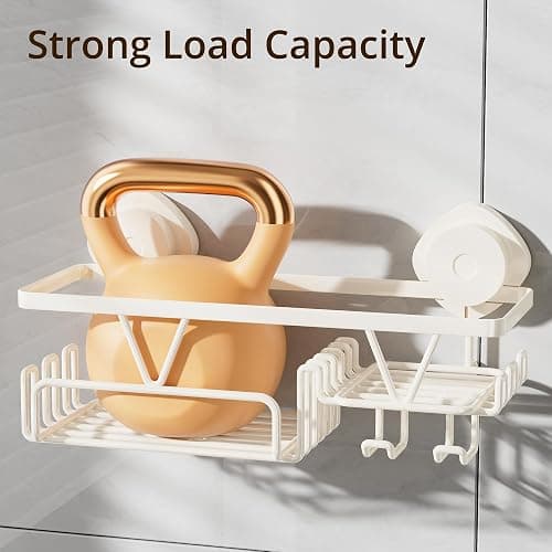 KEGII Shower Caddy Suction Cup with Soap Holder and Hooks, Removable Suction Bathroom Organizer Shelf, No Drilling Shower Organizer, Stainless Steel Shampoo Holder for Bathroom Storage, Cream White thumbnail 6