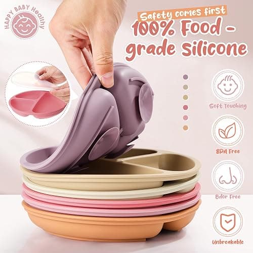 Meanplan 6 Pack Suction Plates for Toddlers with Lids Silicone Baby Plates set Food Grade Silicone Divided Design Microwave and Dishwasher Safe Assorted Colors(Cute Colors) thumbnail 4