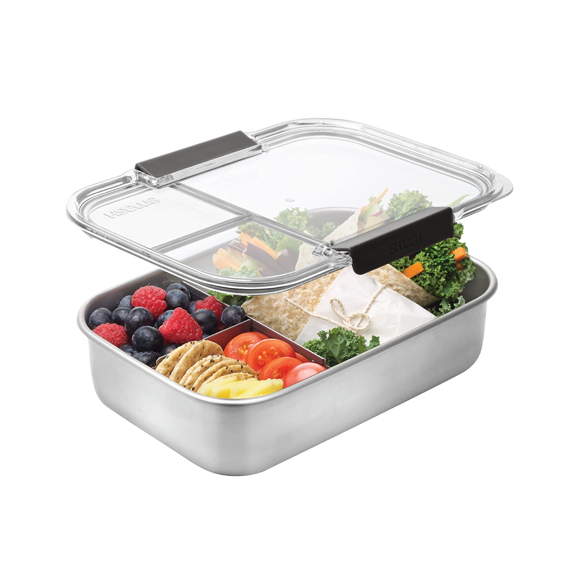 Smash Microwave Safe Stainless Steel Bento Lunch Box, 3 Compartments, Black, 1300ml - Image 1