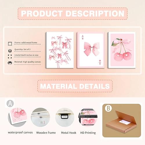 Trendy Pink Bows Canvas Wall Art Set of 3, Vintage Preppy Cherry Posters Prints, Pink Girly Room Aesthetic Wall Decor Painting for College Apartment Living Room Bedroom 12x16 In Framed thumbnail 6