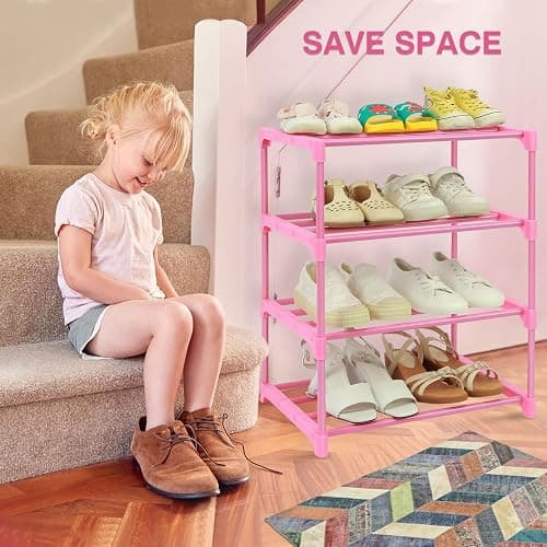 HITHIM 4-Tier Free Standing Shoe Racks for 6-8 Pairs Shoe Storage,Kids Shoe Racks for Small Place,Lightweight Stackable Shoe Shelf Organizer for Entryway, Doorway and Closet,Pink - Pink - 4-Tier thumbnail 7