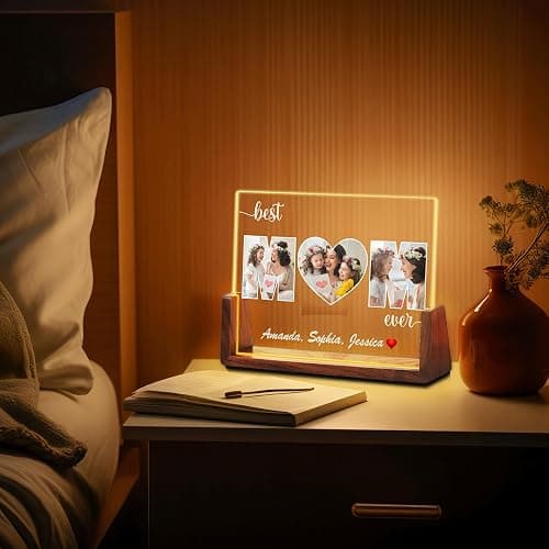 Personalized Mothers Day Birthday Gifts for Mom from Daughter Son Kids, Customized Acrylic Plaque LED Walnut Photos Frame with Night Light, Best Mom Ever Gifts for MAMA Wife Women thumbnail 6