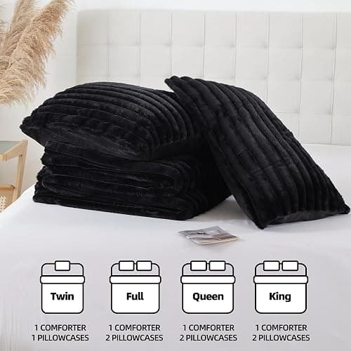 Smoofy Fluffy Twin Comforter Sets 2 Pieces - Black Fleece Fluffy Comforter Set, Luxury Fuzzy Twin Bedding Set, Soft Warm Comforter All Season, Heavy Faux Fur Comforter with Pillow Cases thumbnail 7