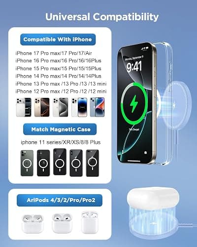 Magnetic Wireless Charger Fast Charge Strong Magnet Charging Pad for iPhone 17/16/15/14/13/12 - Series&AirPods Pro 4-2, Daul Ports, Case-Friendly, Ultra-Slim & Portable for Travel Nightstand Desk thumbnail 3