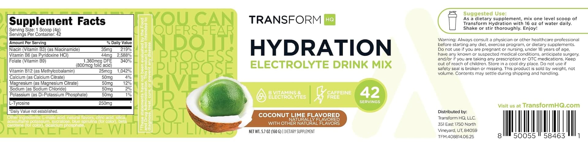 TransformHQ Hydration Electrolyte Drink Mix (Coconut Lime Flavored) 42 Servings Per Container thumbnail 5