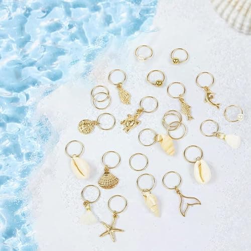 TEBIEKOY 24 PCS Hair Accessories for Women Seashell Loc Hair Jewelry for Braids Conch Dreadlock Clips Starfish Braids Rings Shell Pearl Hair Cuffs Summer Beach Decoration,Gold A thumbnail 6