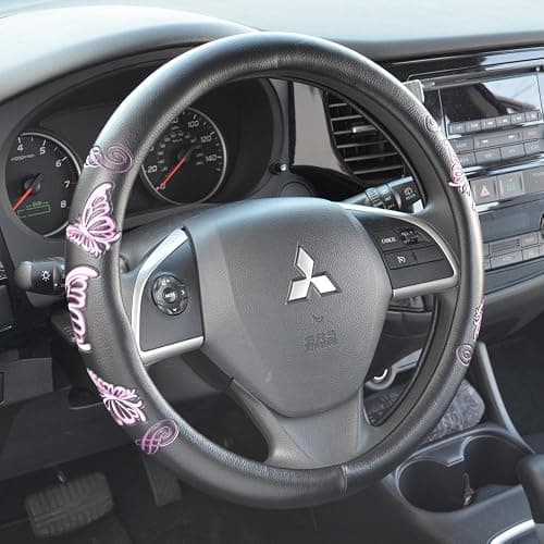 BDK Design Comfort Grip Steering Wheel Cover for Car SUV Van and Truck, 15 inch Standard Size, Pink Butterflies thumbnail 2