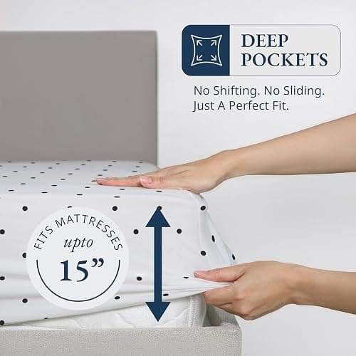 Lane Linen 100% Organic Cotton Queen Size Fitted Sheet Only (60"x80") - Super Soft 100% Cotton Queen Fitted Sheet - Lightweight & Durable Cotton Bed Sheet - Black Polka Dot thumbnail 3