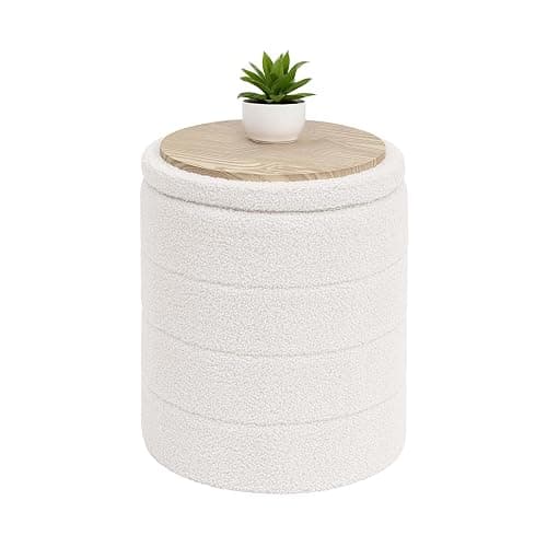 B FSOBEIIALEO Ottoman with Stroage, Round Sherpa Storage Ottoman Stool, Boucle Foot Rest 14.6"x14.6"x17.7"（White - Image 1