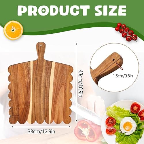 Wood Scalloped Cutting Boards Set, Decorative Wooden Charcuterie Boards with Handle for Cheese Pizza Meat Fruit Bread Baking, Cottagecore Farmhouse Kitchen Serving Trays Decor thumbnail 3