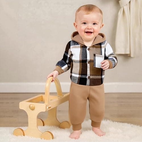 Douhoow Infant Baby Fall Clothes Boy Girl Plaid Hoodie Sweatshirt Romper Flannel Tops+ Sweatpants Festival Outfits thumbnail 6