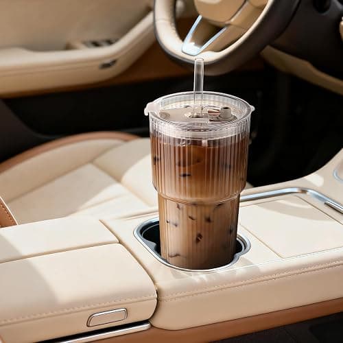 20oz Ribbed Glass Tumbler with Straw and Lid,2 Pcs Vintage Iced Coffee Cups | Aesthetic Leak‑Proof Tumblers,Coffee Bar Accessories,Vintage Ribbed Design,Reusable Smoothie Cup for Cold Drinks,Car-Friendly thumbnail 7