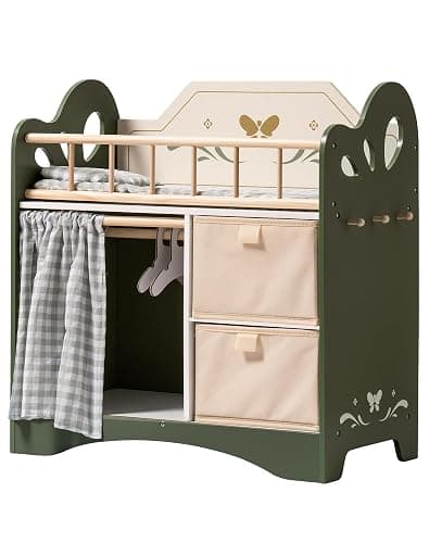 ROBOTIME Baby Doll Crib, Wooden Doll Bed, Toy Baby Crib with Storage, Bedding, and Wooden Hooks, Doll Crib Fits Dolls up to 22’’, Doll Furniture for American Girls Ages 3+ (Green) - Green-Modern - Image 1