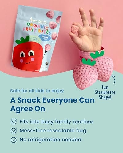 Amara Organic Fruit Bites Sweet Strawberry - No Added Sugar, Dairy-Free, Nut-Free Organic Fruit Snacks, Made with Organic Whole Foods, Allergy-Friendly Healthy Fruit Snacks for Kids - 21g 6PK thumbnail 3